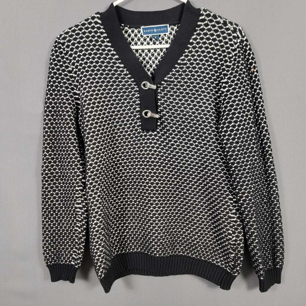 Karen Scott Black White Geometric Cotton Toggle Sweater Classic Preppy Layer